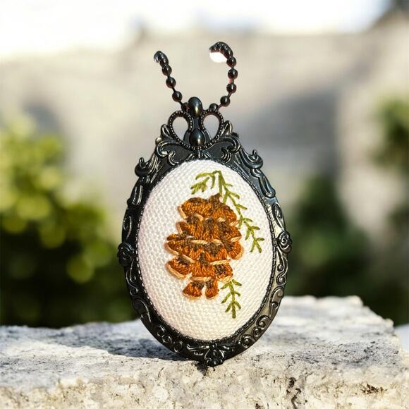 Pine Cone Embroidered Necklace, Handmade Pendant / Broach - Picture 2 of 4